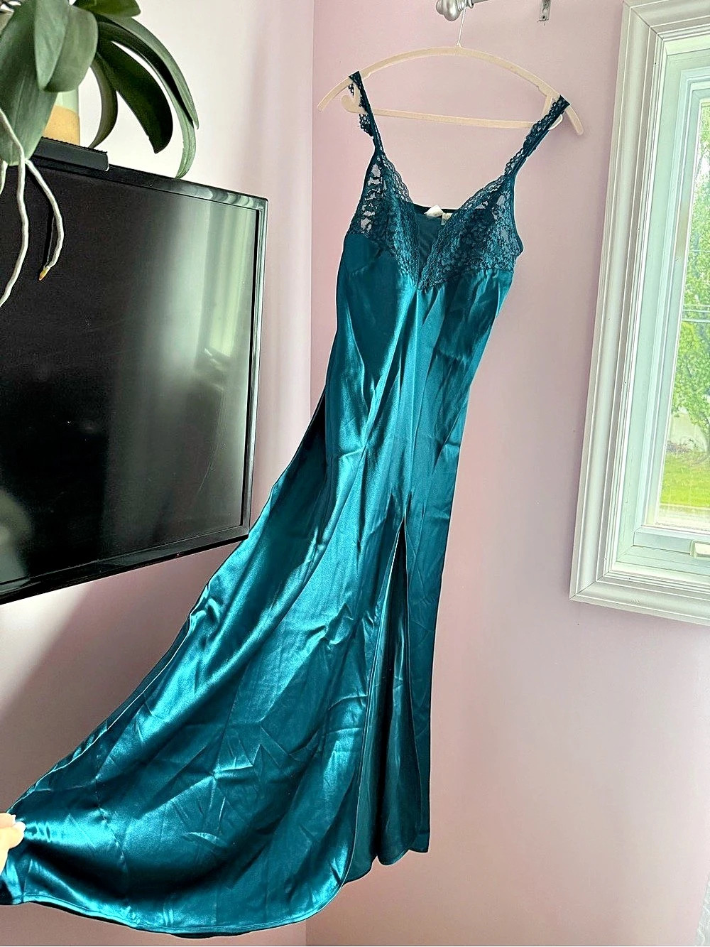 Real vintage Victoria's Secret Teal Lace Satin Maxi Dress satin long slip